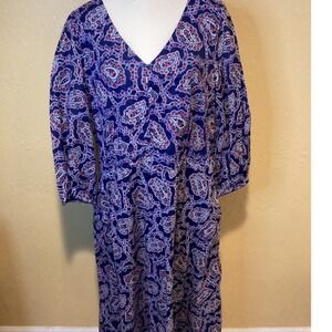 Talbots Puff Sleeve Fit & Flare Navy Dress, red and white Paisley Print, size 16